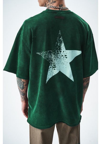 Erkek Star Baskılı Yıkamalı Oversize T-Shirt Yeşil modelleri