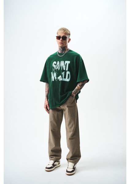 Erkek Star Baskılı Yıkamalı Oversize T-Shirt Yeşil fırsatları