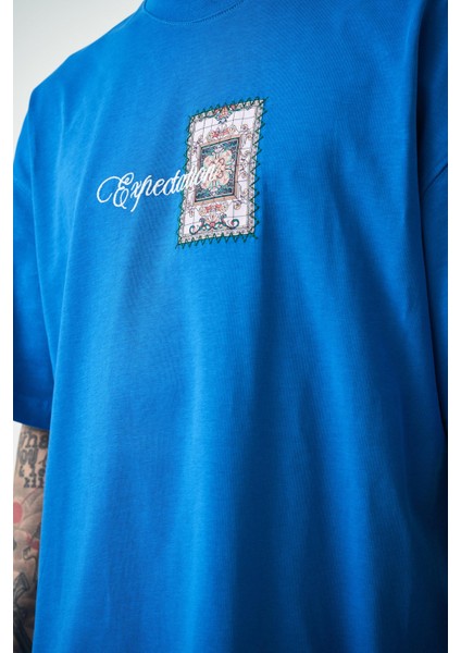 Erkek Expectation Nakışlı Oversize T-Shirt Mavi indirimleri