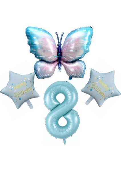 Mavi Kelebekli Happy Birthday 8 Yaş Folyo Balon Set