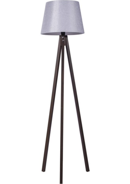 Ahşap Lambader 3 Ayaklı Tripod Abajur Kumaş Lambader Gri Ceviz