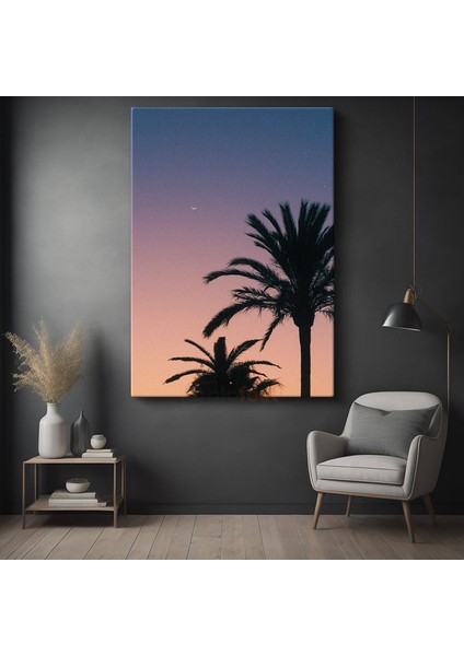 Tropikal Gün Batımı - Palmiye Silüetleri ve Alacakaranlık Gökyüzü Kanvas Tablo