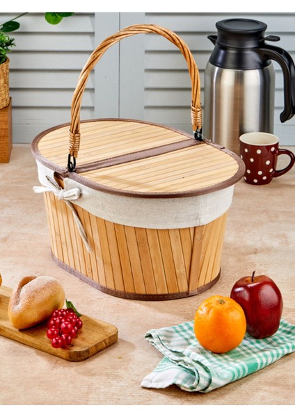 Bambu oval piknik sepeti, şık ve hafif kahverengi, dayanıklı ve kullanışlı tasarım