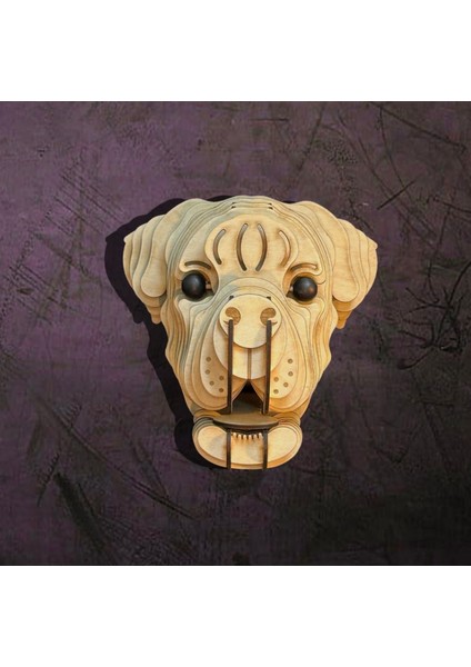 Kelb Köpek Kafası Doğal Ahşap Lazer Kesim Rustik Salon Aplik Duvar Dekoru 3D Tablo Pano (Peri Ledli
