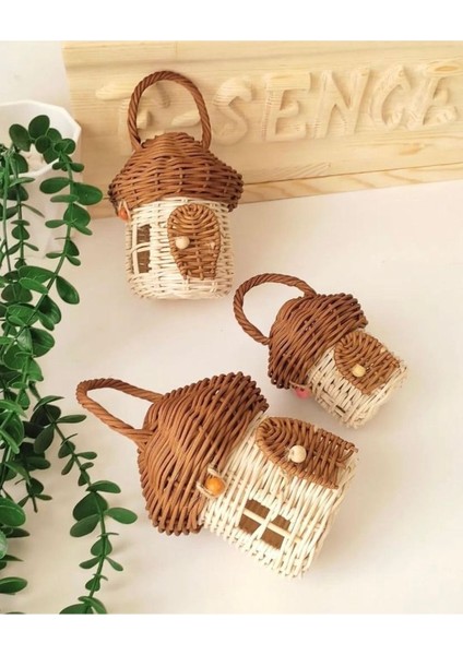 3’lü Rattan ve Bambu Sepet Takımı, çocuk odası dekoru, ekru/kahverengi, küçük hacim