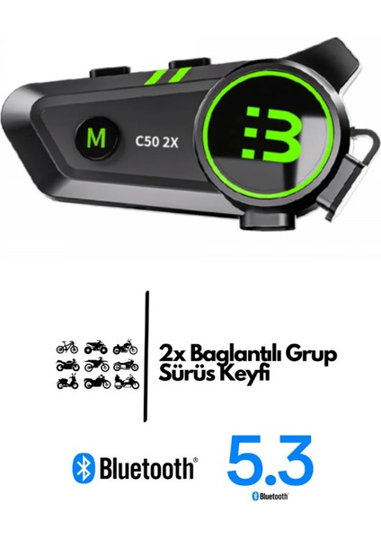 C50 2x Bağlantılı Telsizli Bluetooth Motosiklet Kask Kulaklık Intercom Işıklı Motorsiklet Intercom