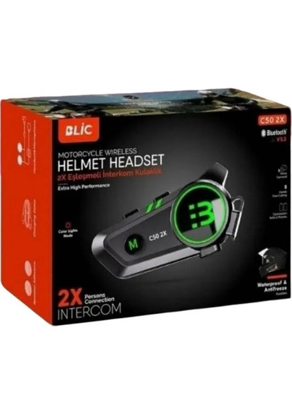 C50 2x Bağlantılı Telsizli Bluetooth Motosiklet Kask Kulaklık Intercom Işıklı Motorsiklet Intercom