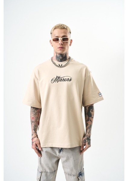 Erkek Mirrors Nakışlı Oversize T-Shirt Bej
