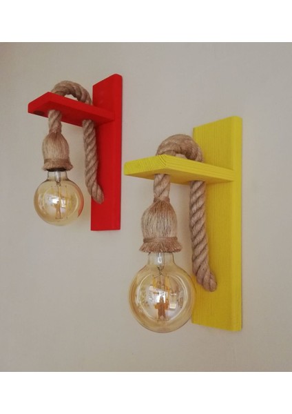 Dekoratif Modern Duvar Lambası, Sarı Kırmızı 2li Ahşap Aplik