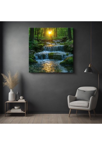 Orman Şelalesi - Güneş Işığında Akan Su Kanvas Tablo
