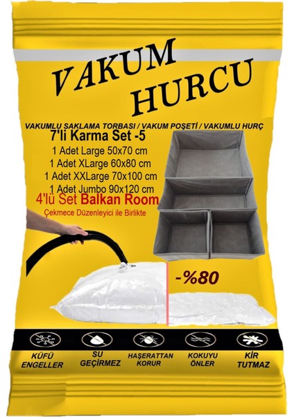 7'li Saklama Seti, Vakumlu Hurç ve Poşetler, Beyaz, Polietilen, 7 Parça