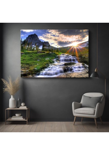 Dağ Şelalesi - Gün Doğumunda Akan Sular Kanvas Tablo