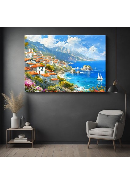 Akdeniz Kıyısı - Beyaz Evler ve Mavi Deniz Kanvas Tablo