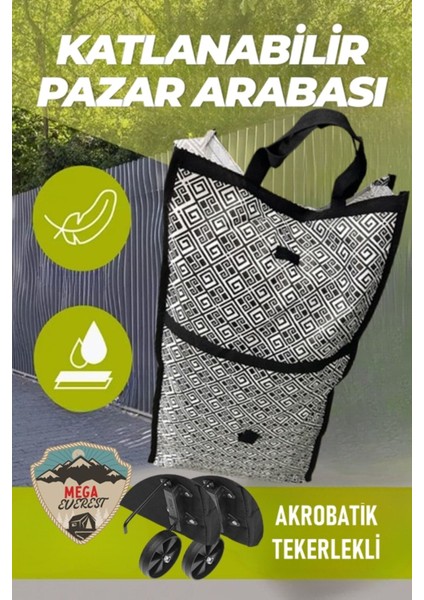 Gri Desenli Pazar Arabası Katlanır Pazar Çantası Çok Amaçlı Çanta Tekerlekli Market Arabası