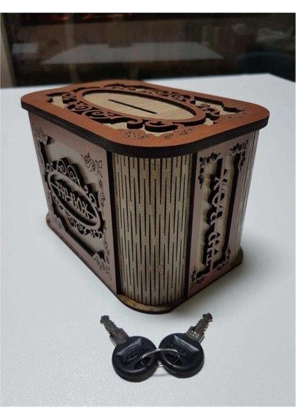Ahşap Kumbara Anahtarlı Kilitli Tip Box - Kahverengi, 10+ Yaş için pratik bahşiş kutusu.