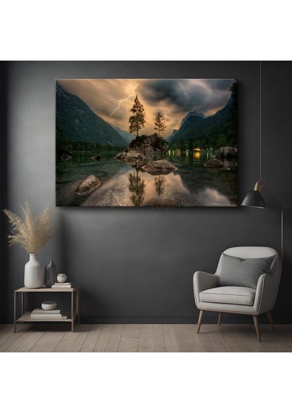 Yıldırım Çarpması - Göl Ortasındaki Kayalık Adacık Kanvas Tablo