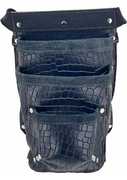 Hakiki Deri Kroko Cepli Tekniker Çivi Önlüğü Bel Çantası Siyah