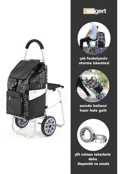 Siyah Ses Yapmaz Tekerlekli Su Geçirmez Çantalı Oturmalı Aliminyum Gövdeli Lüks Pazar Arabası 30 x