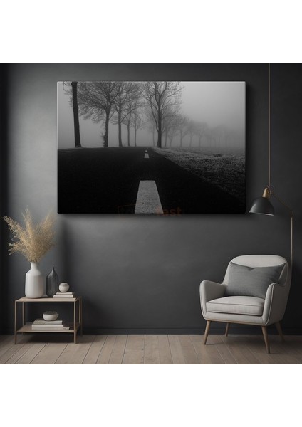 Sisli Yol - Siyah Beyaz Minimalist Doğa Perspektifi Kanvas Tablo