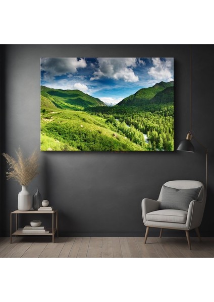 Yeşil Vadi - Ormanlar Arasında Akan Nehir Kanvas Tablo