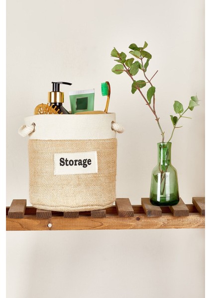 Krem Şeritli Silindir Jüt Sepet, doğal ve şık saklama çözümü, küçük boy.