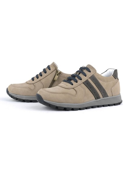 Deri Kum Rengi Fermuarlı Spor Ayakkabı Sneaker