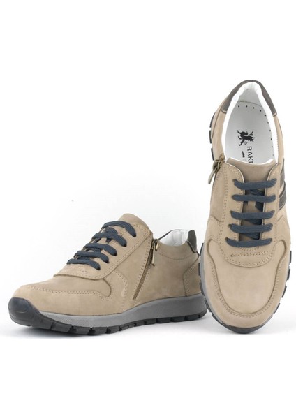 Deri Kum Rengi Fermuarlı Spor Ayakkabı Sneaker