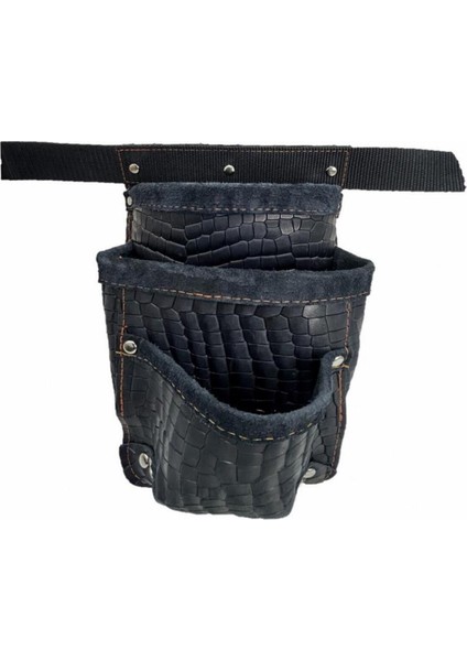Hakiki Kroko Deri Cepli Tekniker Çivi Önlüğü Bel Çantası Siyah