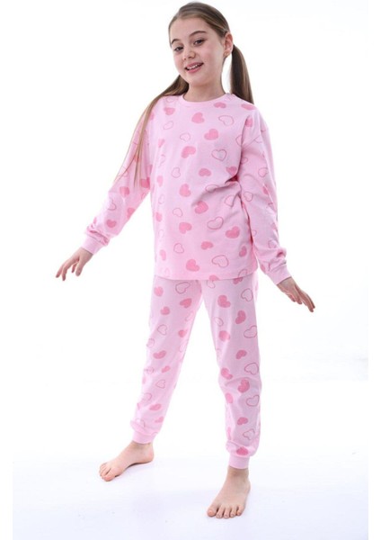 Kız Çocuk Kalp Desenli Uzun Kollu Pijama Takımı