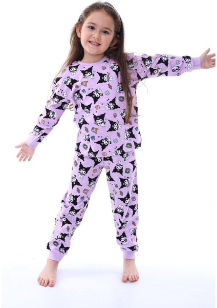 Kız Çocuk Kedi Desenli Uzun Kollu Pijama Takımı