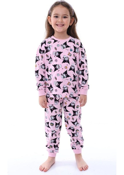 Kız Çocuk Kedi Desenli Uzun Kollu Pijama Takımı