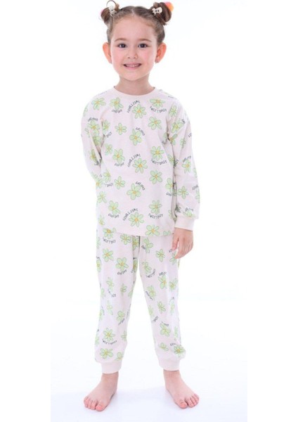 Kız Çocuk Yeşil Çiçek Desenli Uzun Kollu Pijama Takımı