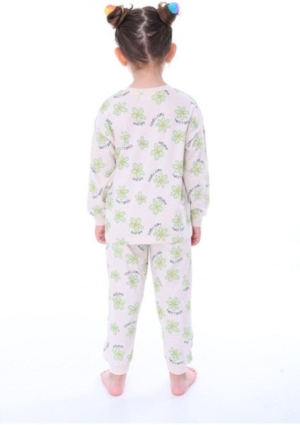 Kız Çocuk Yeşil Çiçek Desenli Uzun Kollu Pijama Takımı