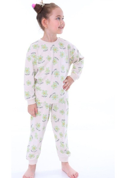Kız Çocuk Yeşil Çiçek Desenli Uzun Kollu Pijama Takımı