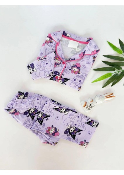 Kız Çocuk Düğmeli Desenli Uzun Kollu Pijama Takımı