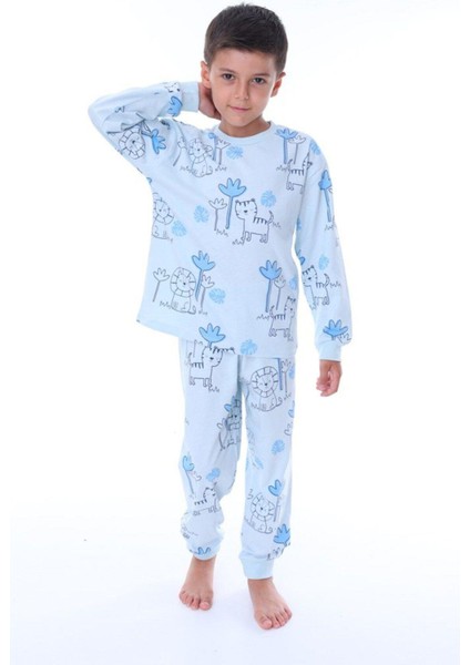 Erkek Çocuk Aslan Kedi Desenli Uzun Kollu Pijama Takımı