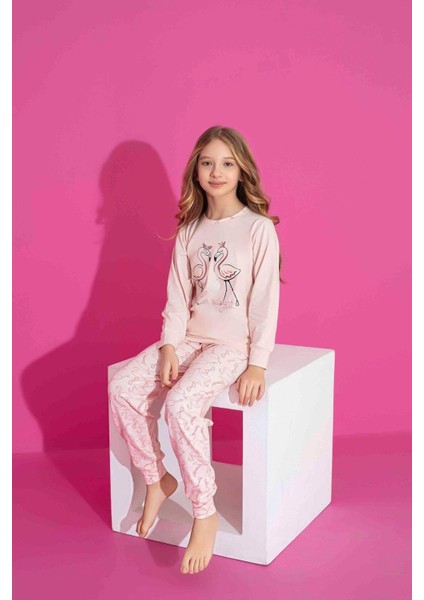 Kız Çocuk Kuğu Desenli Uzun Kollu Pijama Takımı