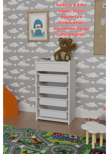 Beyaz 4’lü oyuncak sepeti seti, kolay montaj, dayanıklı plastik, pratik kullanım modelleri