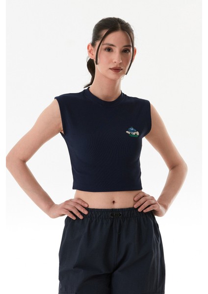 Fitilli Ayıcık Nakışlı Likralı Crop Tşört