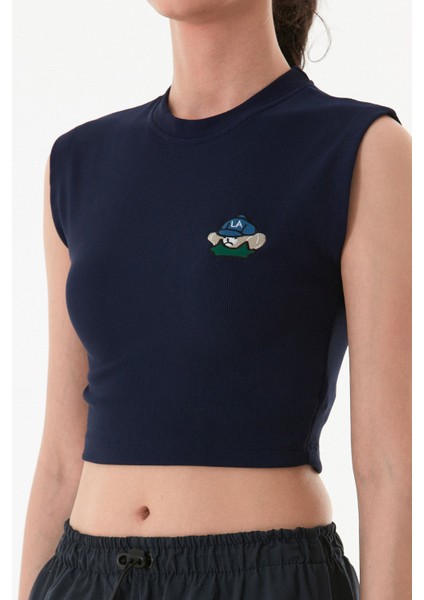 Fitilli Ayıcık Nakışlı Likralı Crop Tşört