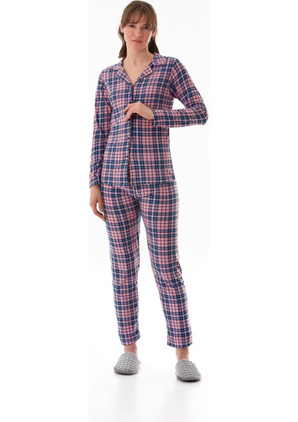 Ekose Desenli Gömlek Yaka Süet Pijama Takımı