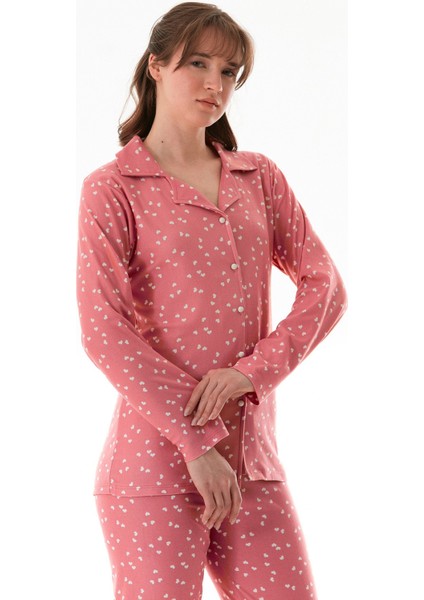 Kalp Desenli Gömlek Yaka Süet Pijama Takımı