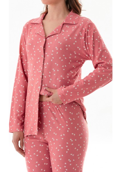 Kalp Desenli Gömlek Yaka Süet Pijama Takımı