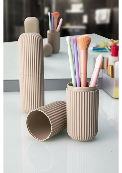 Taşınabilir seyahat seti, kahve aksesuarı, gözlük ve diş fırça kabı, kahverengi plastik modelleri