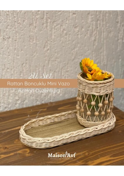 2'li Set Rattan Boncuklu Mini Vazo & Rattan Düzenleyici
