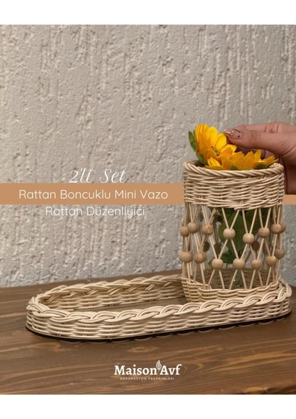 2'li Set Rattan Boncuklu Mini Vazo & Rattan Düzenleyici