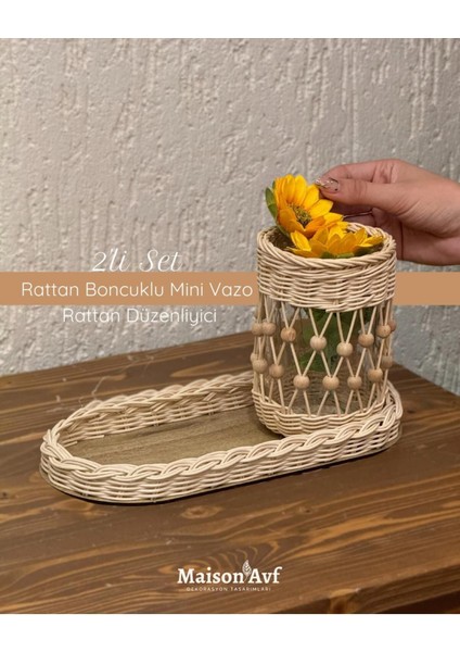 2'li Set Rattan Boncuklu Mini Vazo & Rattan Düzenleyici