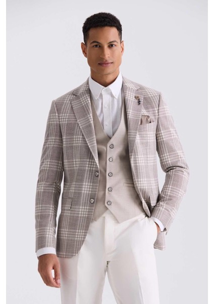Kahve Slim Fit Mono Yaka Kareli Kombinli Yelekli Takım Elbise