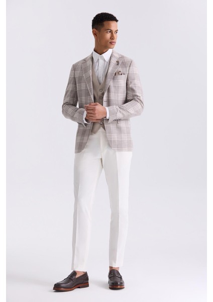 Kahve Slim Fit Mono Yaka Kareli Kombinli Yelekli Takım Elbise