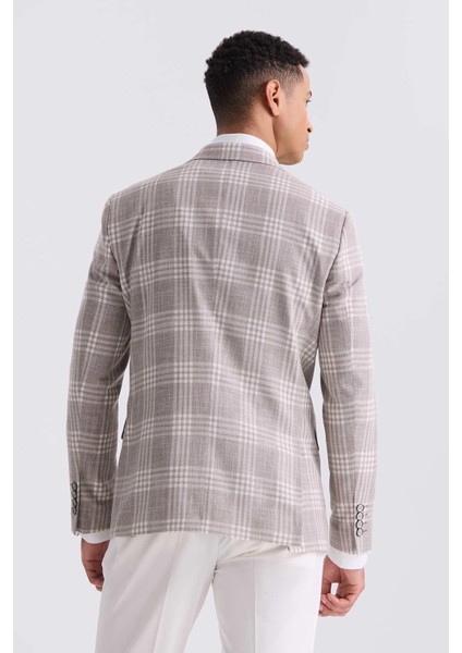 Kahve Slim Fit Mono Yaka Kareli Kombinli Yelekli Takım Elbise
